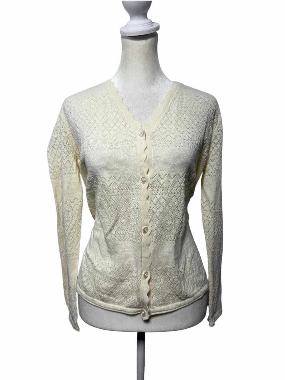 Frye Ivory Pointelle Cotton Button Cardigan Scalloped V-Neck Size L